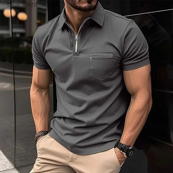 Polos pour hommes 2024 Summer Mens Casual T-shirt Solide à manches courtes Polo Zipper Pocket Mens Sports Pull Revers S-3XL T-shirt L240320