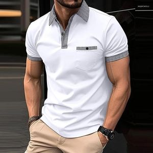 Men's Polos 2024 Summer Mens Polo Shirts Leisure Short Sleeve Patchwork Plaid Print Turn-down Collar Tops Men Casual Buttoned Pullovers