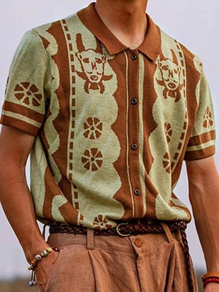 Polos para hombres 2024 Camisa de polo de punto de manga corta de verano Hombres casuales con botones con botones Tops de cuello vuelto para hombre Moda Hombre a rayas Streetwear