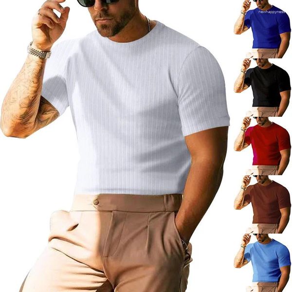 Polos para hombres 2024 Verano Manga corta Sólido Casual Suelto Raya vertical Cuello redondo Camiseta al por mayor