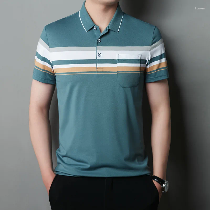 Herrpolos 2024 Summer Turn-Down Collar Clothing Short Sleeve Loose Polo T-Shirt Striped Business Casual Fashion Pullover Tops