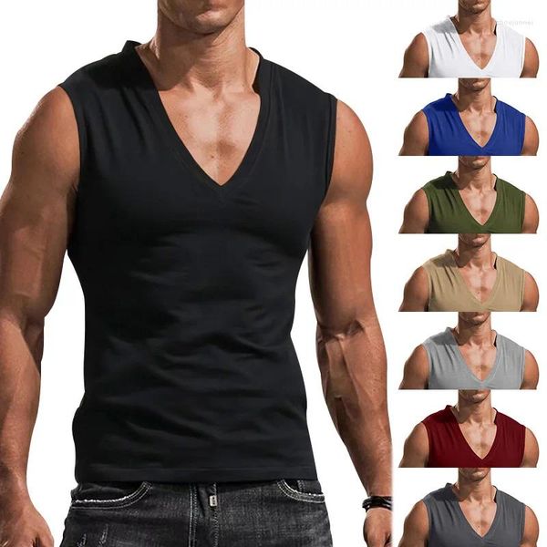 Polos para hombres 2024Comercio exterior Código europeo Color sólidoVCollar Chaleco Casual Transpirable Sin mangasTT-Camiseta en stock