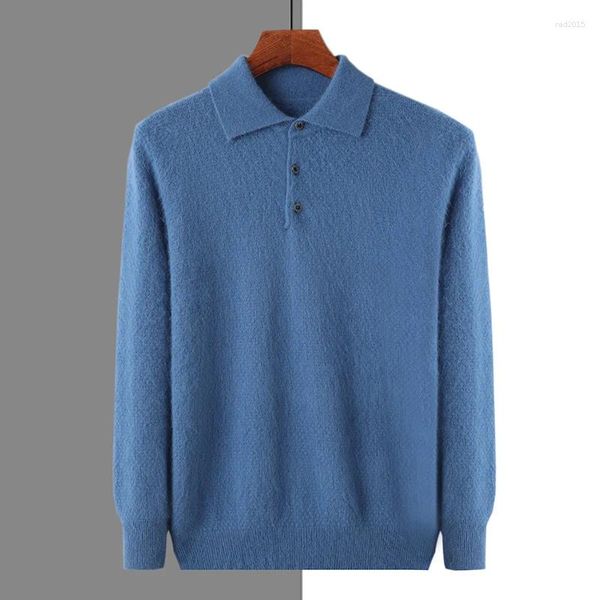 Polos para hombres 23 Suéter de lana de visón Otoño Invierno Color sólido Cuello de polo Suelto Relajado Jersey de punto Hebilla de moda Manga corta