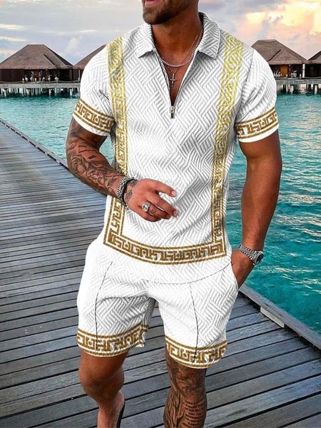 Polos para hombre Patrón digital 3D Solapa Manga corta con cremallera Conjunto de camisa polo informal Ropa para hombre Playa