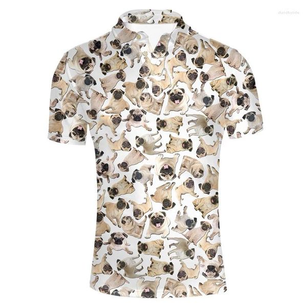 Polos pour hommes 3D imprimé Pug Polo pour hommes été animal chien motif revers t-shirt décontracté rue lâche manches courtes hauts t-shirts