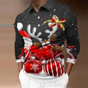 Heren Polos 3d Santa Claus Print Shirt Christmas Party Jurk Men's Long Sleeve Casual Buttons Polo Trend Wear 221122