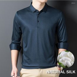 Herenpolo's 45,8% lyocell vezel 8,5% zijden polo shirt met lange mouwen mannen van hoge kwaliteit merk poloshirt slijtage ademende para hombre slanke pasvorm