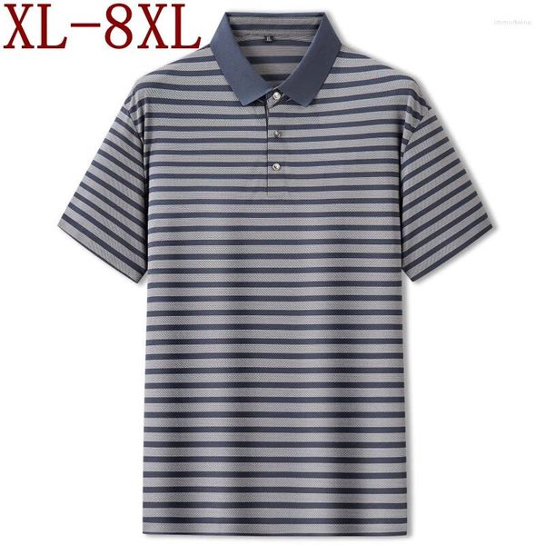 Polos pour hommes 8XL 7XL 6XL Summer High End Business Chemises à rayures pour hommes Tops Casual Loose Mens Polo Shirt Ice Soie Respirant Homme