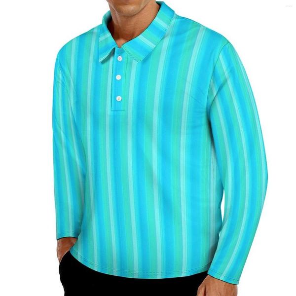 Polos pour hommes Polos décontractés à rayures abstraites T-shirts bleus et verts Chemise graphique à manches longues Printemps Tops surdimensionnés drôles Idée cadeau