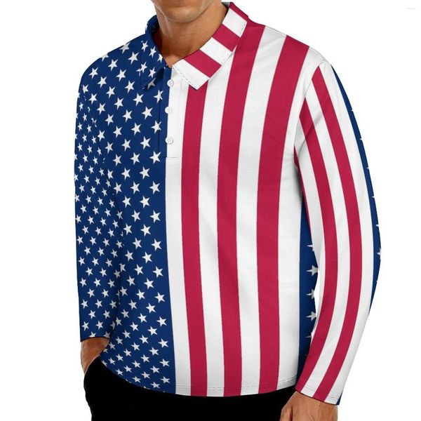 Polos pour hommes drapeau américain polos automne rayures étoiles chemise décontractée à manches longues col rabattu modèle streetwear t-shirts surdimensionnés