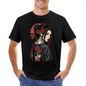 Herenpolo's Anime of Manga-stijl van een jonge getatoeëerde Aziatische vrouw, gekleed in een zwart T-shirt, zwaargewicht T-shirts, kort