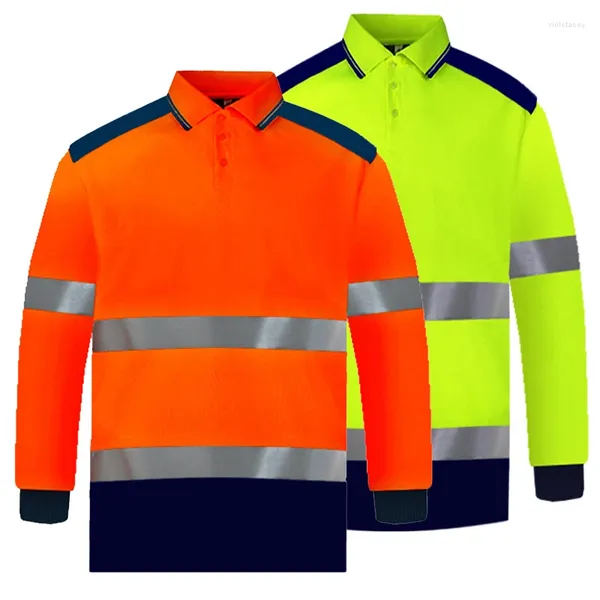 Polos pour hommes ANSI Classe 2 Hi Vis Chemises Jaune Marine Polo réfléchissant à manches longues Travail de sécurité pour les hommes de construction