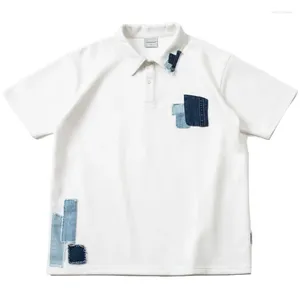 Polos para hombres Llegada Verano Tela pesada Tela suelta Parche de mezclilla Camisa de manga corta Moda Algodón Japón Retro Etiqueta Tees