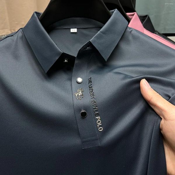 Polos pour hommes authentique glace soie brodé polo 2024 été cou élastique t-shirt mode manches courtes affaires décontracté