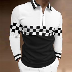 Polos Men's Automne Casual Shirt Men Imprimé de mode Black Blanc Plaid White Plaid à manches longues Slip Fit pour hommes Plus taille 220908