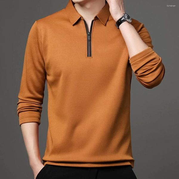 Polos de otoño para hombre, camisetas informales de manga larga de Color sólido, cuello de solapa con cremallera de 1/4, camisetas deportivas para hombre, jerséis ajustados