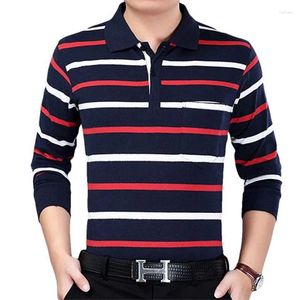 Polos pour hommes automne mode contraste rayure poche revers haut à manches longues printemps coupe ajustée décontracté confortable polyvalent T-shirt
