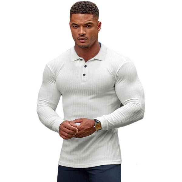 Polos pour hommes Automne Mode Tricoté Polo Hommes Classique Blanc Côtelé Skinny À Manches Longues Polos Mâle Élastique Respirant Sport Jersey Chemise 230830