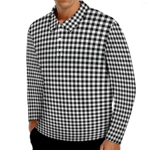 Polos pour hommes T-shirts décontractés noirs et blancs Homme Check Imprimer Polo à manches longues Col rabattu Mode Automne Design 3XL 4XL 5XL
