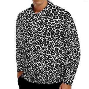 Herenpolo's Zwart-wit Luipaard Casual T-shirts Dierenprint Poloshirt Mannen Grappige Lente Lange Mouw Aangepaste Kleding Big Size 6XL