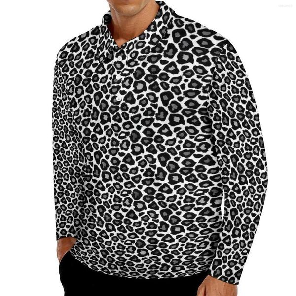 Polos pour hommes T-shirts occasionnels léopard noir et blanc imprimé animal polo chemise hommes drôle printemps manches longues vêtements personnalisés grande taille 6XL