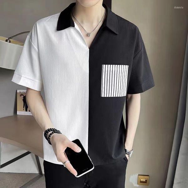 Polos pour hommes Patchwork noir et blanc Été T-shirt à manches courtes pour hommes POLO Neck Loose Casual Commuter Korean Fashion Brand Pocket Top