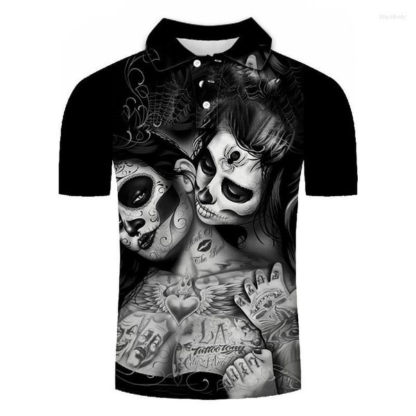 Polos para hombre, camiseta Polo negra con diseño de calavera y belleza, camiseta de manga corta con estampado 3D de alta calidad para hombre, divertida camiseta informal de verano para hombre 2023