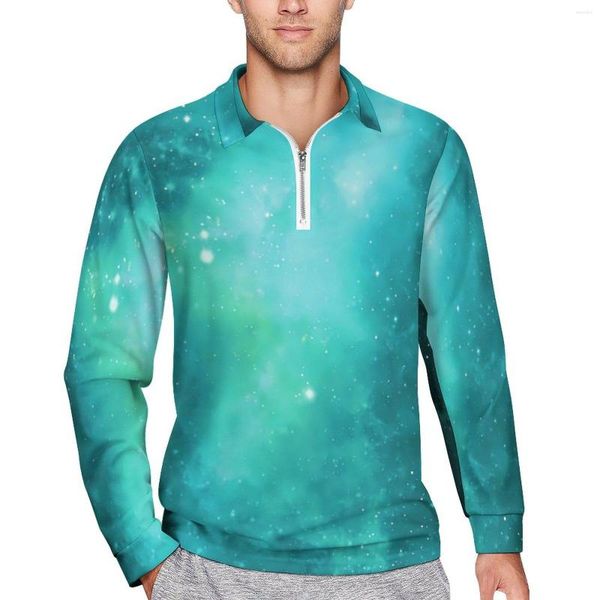 Polos pour hommes bleu vert galaxie polos quotidien étoiles imprimer fermeture éclair chemise décontractée col à manches longues mode graphique surdimensionné T-Shirts