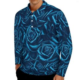 Herren Polos Blaue Rose Blumen Lässige T-Shirts Mann Vintage Blumen Langarm Poloshirts Kragen Tägliches Grafikhemd 3XL 4XL 5XL