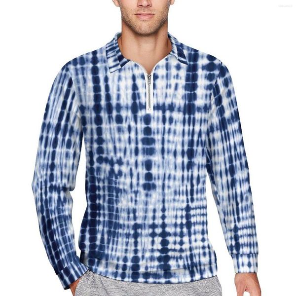 Polos para hombre Camisetas informales con teñido anudado azul, Polos con estampado abstracto, camisa estética para hombre, Top con patrón de manga larga de otoño, talla grande 5XL 6XL