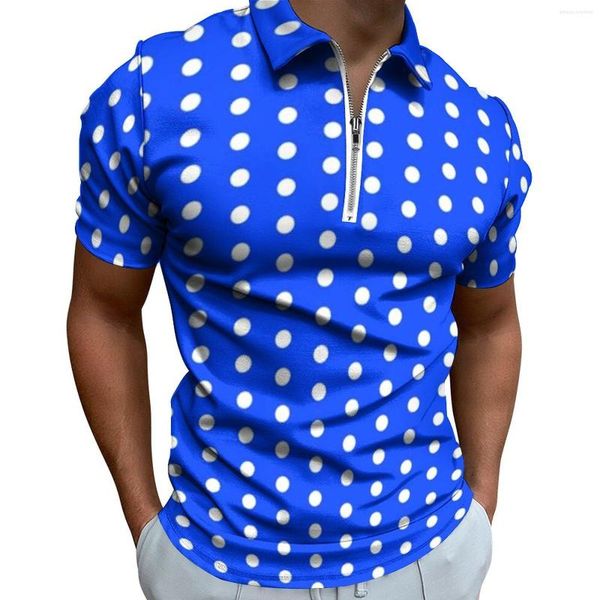 Polos pour hommes bleu blanc à pois t-shirts décontractés motif Vintage polos fermeture éclair Streetwear chemise mâle vêtements graphiques grande taille