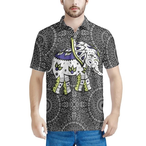 Polos de los hombres Patrón de Boho Elefante Bohemio Vintage Tattoo Prints Holiday Polo de los hombres Marca de manga corta Ropa de verano Drop 230620