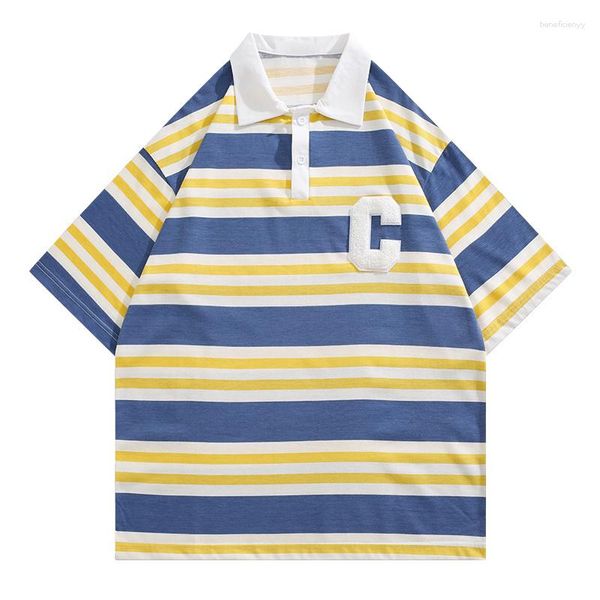 Polos para hombre BOYUE Silk Jump Summer Loose Leisure Stripe Polo Shirt Boys' Hong Kong Fashion Brand Ins Top Manga corta Adolescentes