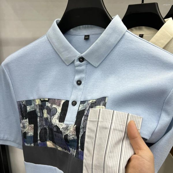 Polos para hombre, diseño de marca, Polo de lujo, camiseta con solapa de verano 2024, pegatina de patrón exquisito, manga corta de alta calidad