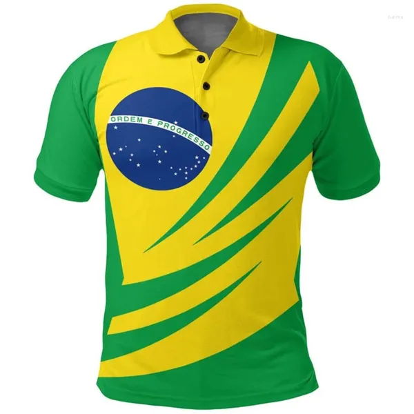 Polos para hombre, Polos con bandera de Brasil, camiseta con estampado 3d de verano para hombre, pantalón corto informal, camisetas de manga fresca con solapa, camisetas de gran tamaño, ropa