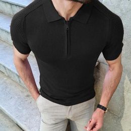 Polos pour hommes T-shirt en tricot respirant T-shirt pour hommes Col polo Casual Couleur unie Zip-up Chemises minces Mode Hommes Vêtements Été Tops à manches courtes