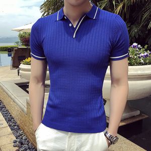 Polos pour hommes Style britannique Été Mode Soie de glace Polos à manches courtes Hommes Vêtements Stripe Slim Fit Casual Tricoté Tee Streetwear 230510