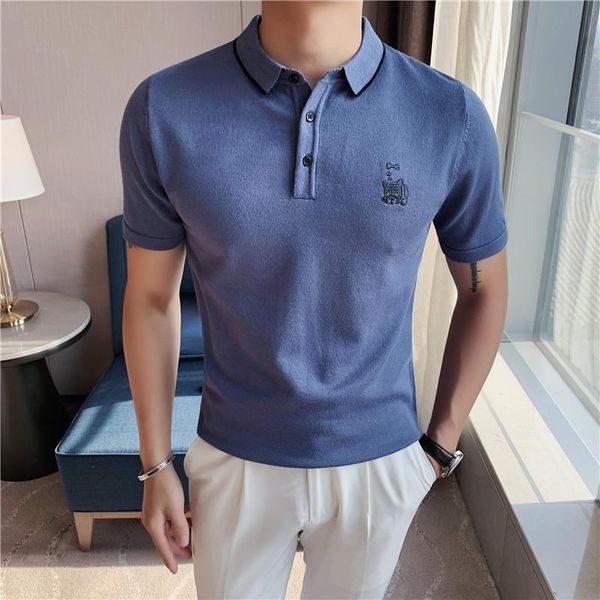 Polos para hombres Estilo británico Summer Summer Seda Bordado camisas Men Clothing 2022 Casual Slim Fit Gire Down Collar Sleved Tee Topsmen's