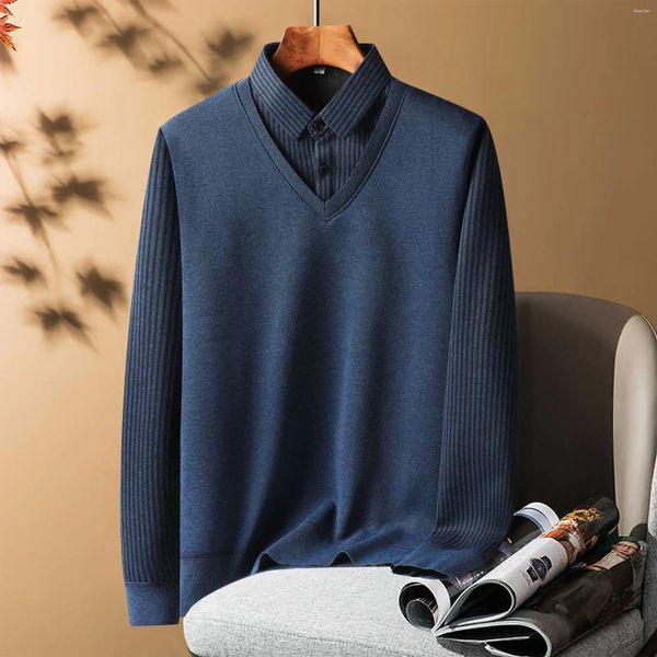 Polos para Hombres Bussiness Hombres Polos Camisas De Punto De Manga Larga Solapa Suéter Camisa A Rayas Invierno Cálido Polar Jersey Ropa Tops Casuales