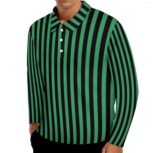 Polos pour hommes Candy Striped T-shirts décontractés Polos à manches longues pour hommes vert et noir Col rabattu Vintage Chemise imprimée quotidienne 4XL 5XL