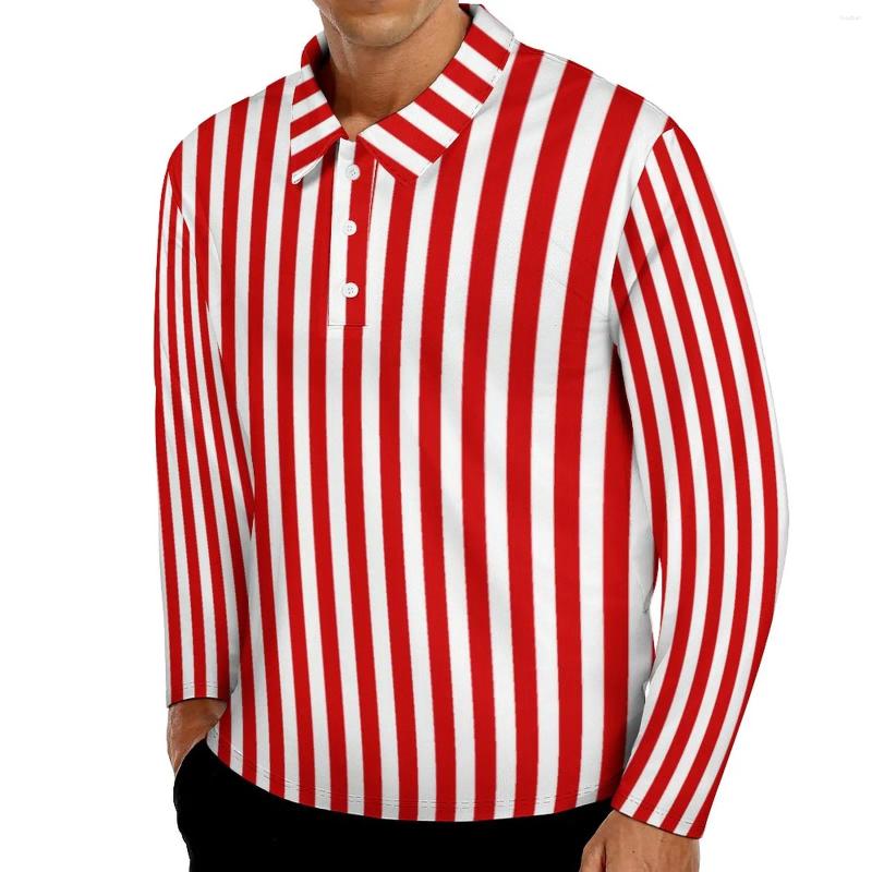 Polo da uomo a righe caramelle Polo casual T-shirt a righe rosse e bianche Design a maniche lunghe Autunno Vintage Top oversize Idea regalo