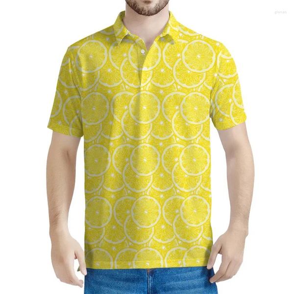 Polos pour hommes dessin animé Polo au citron jaune pour hommes manches courtes lâches 3D fruits imprimés chemises boutones tops d'été