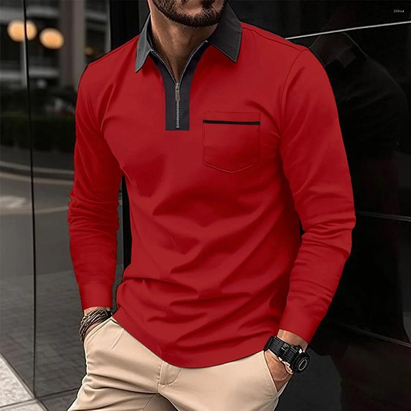 Herren Polos Lässiges europäisches und amerikanisches Langarm-Mode-Frühlings-Herbst-Poloshirt mit Taschen