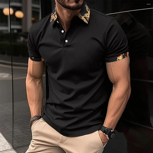 Polos para hombre Camisa polo con estampado de solapa con botones dorados informales Ventas de moda con brazo de negocios