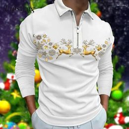 Polos pour hommes Casual Polo Col Zip-up T-shirts Vêtements imprimés de Noël Hommes Automne Mode à manches longues pour hommes Tops graphiques classiques