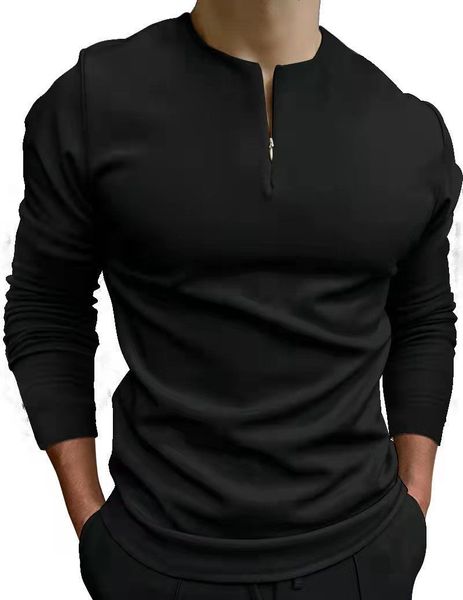 Polos informales para hombre, camiseta caqui sin cuello, manga larga, diseño de cremallera, Top Harajuku, ropa de calle para hombre, moda de lujo S3XL 230808