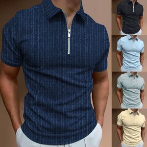 Polos para hombre, camiseta informal ajustada de manga corta a rayas con cremallera y solapa, camiseta polo superior, polos de golf para hombre