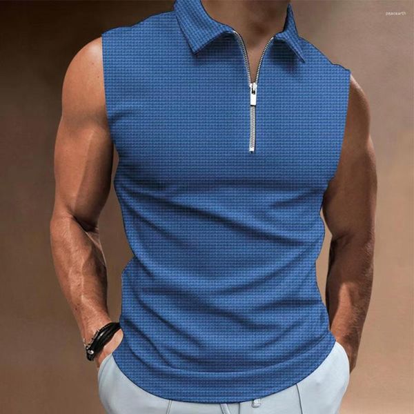 Polos pour hommes décontracté col zippé sans manches polos-t-shirts coupe ajustée couleur unie été hauts musculaires t-shirts t-shirt vêtements masculins pour hommes