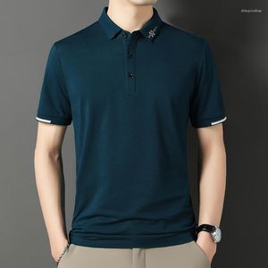 Heren Polos Casumanl Summer Mens Polo Shirt 2023 Letter Borduurwerk Solid Color Striped T voor mannen Koreaanse zakelijke casual tops