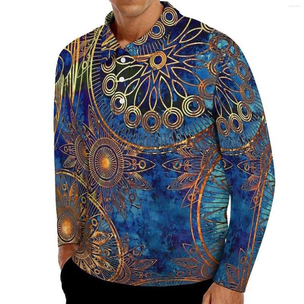 Polos para hombres Celestial Steampunk Camisa informal Polo Blue Mandala Camisetas Mandala Manga larga Sprend